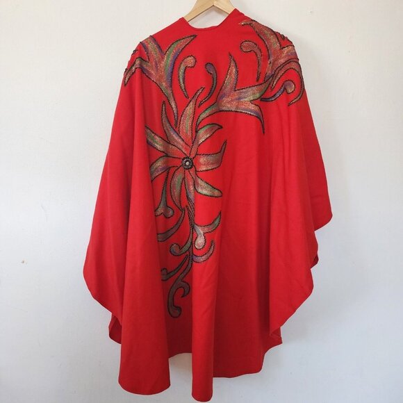 Vintage Handmade Wool Red Beaded Poncho Shawl Long Flowy Geometric Floral - Picture 8 of 13
